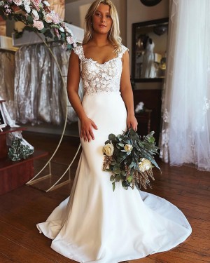 Lace Bodice Satin Square Neckline Mermaid White Wedding Dress WD2462