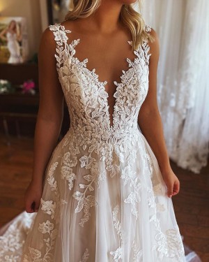 Lace Ivory A-Line V-neck Wedding Dress with Pockets WD2463