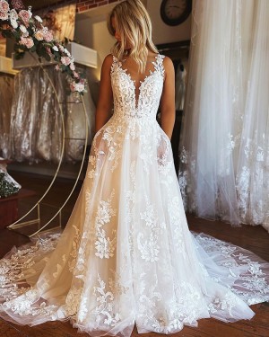 Lace Ivory A-Line V-neck Wedding Dress with Pockets WD2463