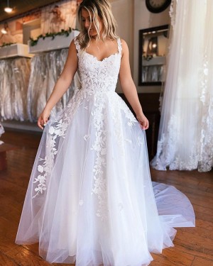 Lace Applique V-neck Tulle White Wedding Dress with Side Slit WD2464