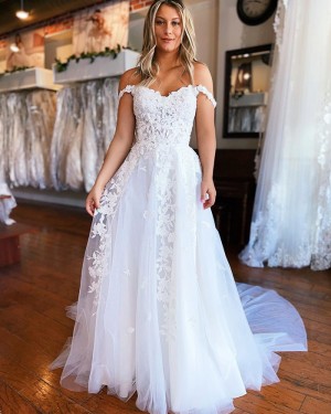 Lace Applique V-neck Tulle White Wedding Dress with Side Slit WD2464