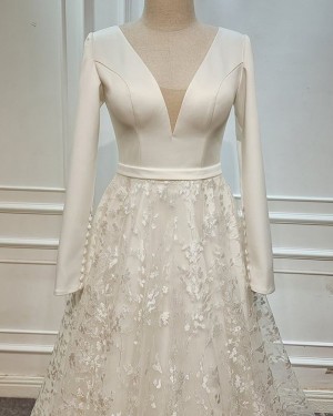 V-neck Satin Bodice Lace Ivory Wedding Dress with Long Sleeves WD2465