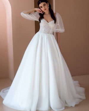Beading White Tulle Square Neckline Wedding Dress with 3/4 Length Sleeves WD2469