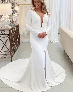 White Satin Long Sleeve V-neck Mermaid Wedding Dress with Side Slit WD2470
