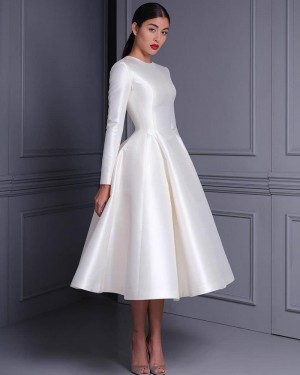 Jewel Satin Ankle Length White Simple Wedding Dress with Long Sleeves WD2473