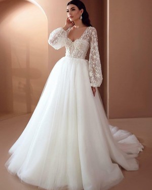 Lace Bodice White Tulle Square Neckline Wedding Dress with Long Sleeves WD2474