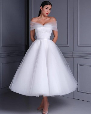 White Lace Bodice Tulle Ankle Length Off the Shoulder Wedding Dress WD2475