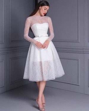 Lace White Knee Length Jewel Neckline Wedding Dress with Long Sleeves WD2476