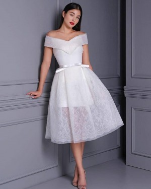 White Lace Knee Length V-neck Wedding Dress WD2477