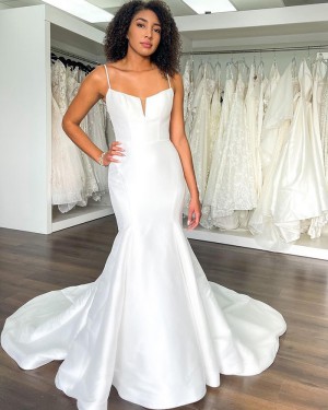 White Satin Spaghetti Straps Mermaid Wedding Dress WD2482