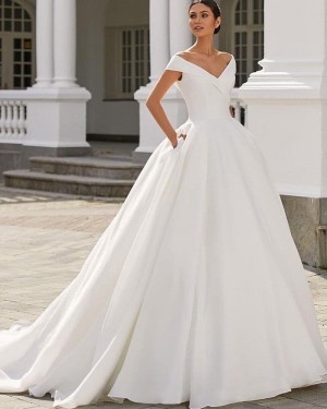 White Satin A-line V-neck Wedding Dress with Pocketed WD2485