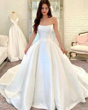 Strapless White Satin Simple Wedding Dress with Pockets WD2488