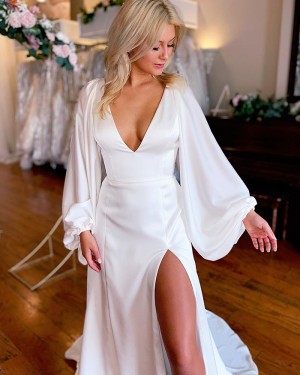 White V-neck Long Sleeve A-line Simple Wedding Dress with Side Slit WD2510