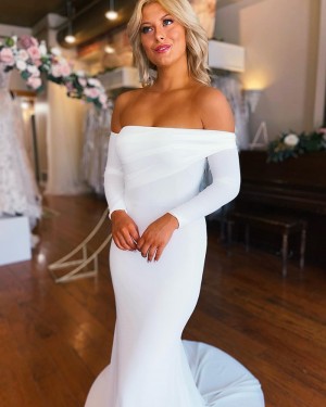 Ruched White & Ivory Satin Mermaid Strapless Wedding Dress with Long Sleeves WD2512