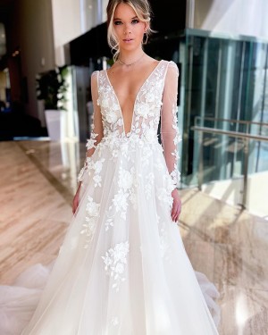 Tulle Ivory Lace Applique A-line V-neck Wedding Dress with Long Sleeves WD2513