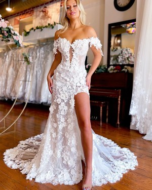 3D Flowers Lace Applique Mermaid Off the Shoulder Wedding Dress with Side Slit WD2514