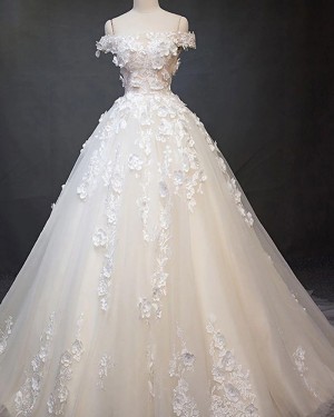 Lace Applique Off the Shoulder Ivory A-line Wedding Dress WD2518