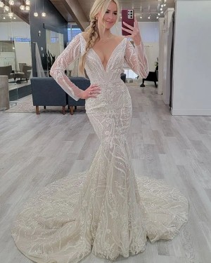 Lace Ivory Mermaid Deep V-neck Wedding Dress with Long Sleeves WD2519