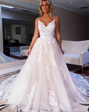 Lace Applique Spaghetti Straps Tulle Wedding Dress WD2520