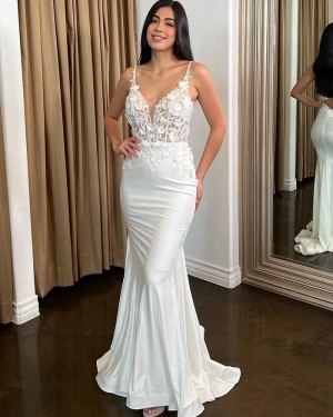 Lace Bodice V-neck White Mermaid Wedding Dress WD2522
