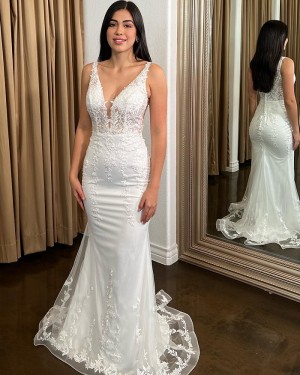Lace Applique V-neck Mermaid Wedding Dress WD2530