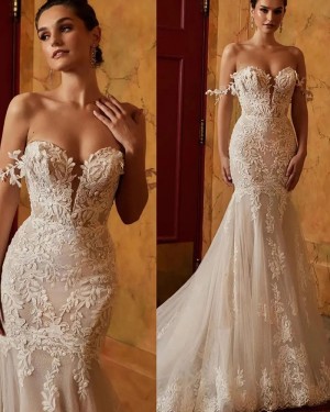 Ivory Lace Applique Off the Shoulder Mermaid Wedding Dress WD2536