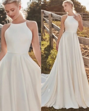 Jewel Neckline White & Ivory Simple Satin Wedding Dress WD2538