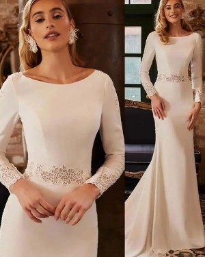 Ivory Satin Lace Applique Bateau Neckline Mermaid Wedding Dress with Long Sleeves WD2540