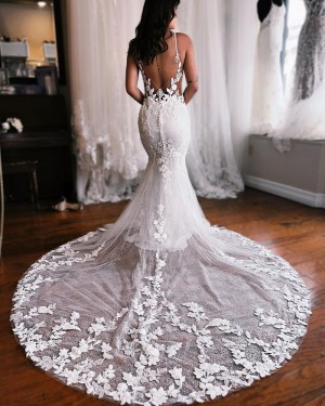 White Sparkle Applique Spaghetti Straps Mermaid Wedding Dress WD2544