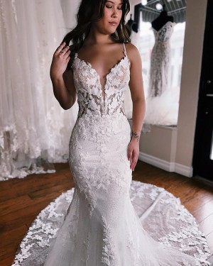 White Sparkle Applique Spaghetti Straps Mermaid Wedding Dress WD2544