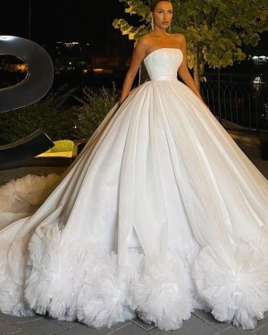 White Ruffled A-line Tulle Strapless Ball Gown Wedding Dress WD2545