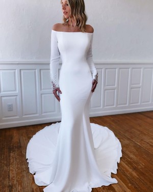 White Satin Mermaid Off the Shoulder Wedding Dress with Beading Long Sleeves WD2546