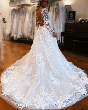 White Lace A-line Deep V-neck Wedding Dress with Long Sleeves WD2547