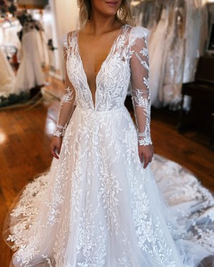 White Lace A-line Deep V-neck Wedding Dress with Long Sleeves WD2547