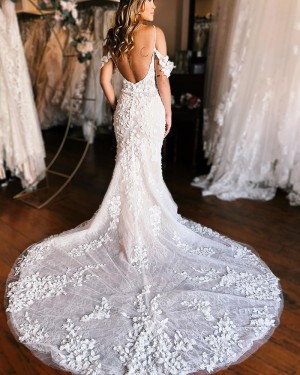 White Lace Applique Cold Shoulder Sheath Wedding Dress WD2550