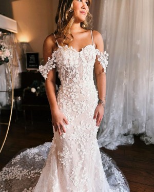 White Lace Applique Cold Shoulder Sheath Wedding Dress WD2550