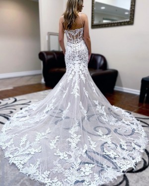 Lace Applique Spaghetti Straps White Mermaid Wedding Dress WD2551