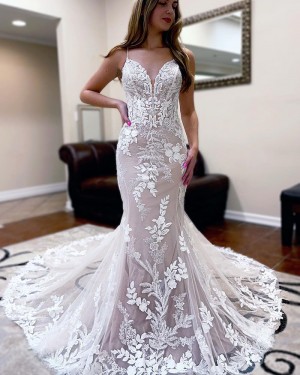 Lace Applique Spaghetti Straps White Mermaid Wedding Dress WD2551