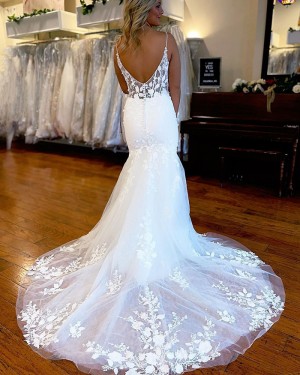 White Lace Applique Spaghetti Straps Mermaid Wedding Dress with Side Slit WD2555