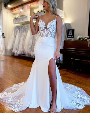 White Lace Applique Spaghetti Straps Mermaid Wedding Dress with Side Slit WD2555