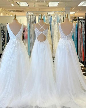 Lace Bodice V-neck Tulle A-line Wedding Dress WD2556