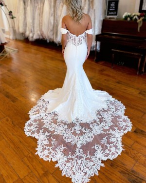 White Satin Mermaid Off the Shoulder Wedding Dress with Lace Applique Train WD2557