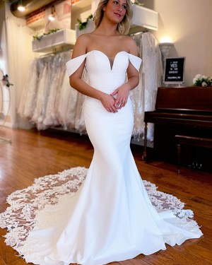 White Satin Mermaid Off the Shoulder Wedding Dress with Lace Applique Train WD2557