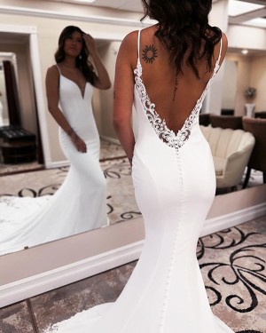 Spaghetti Straps White Satin Simple Mermaid Wedding Dress with Lace Train WD2558