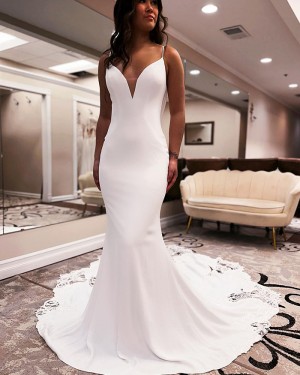 Spaghetti Straps White Satin Simple Mermaid Wedding Dress with Lace Train WD2558