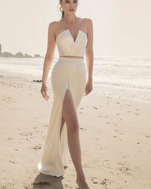 Ruched Bodice Satin Two Piece Beach Wedding Dress with Side Slit WD2561