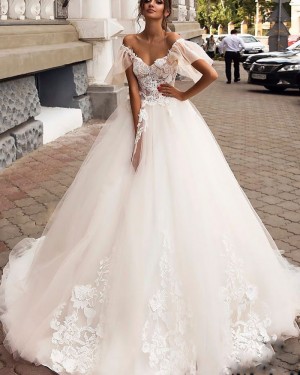 Ivory Tulle Lace Applique V-neck Ball Gown Wedding Dress WD2564