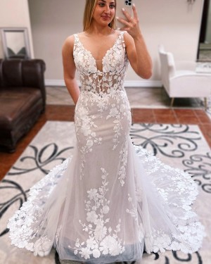 Lace Applique White Sheath V-neck Wedding Dress WD2566
