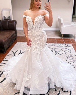 Ivory Lace Applique Ruffled Off the Shoulder Wedding Dress WD2567