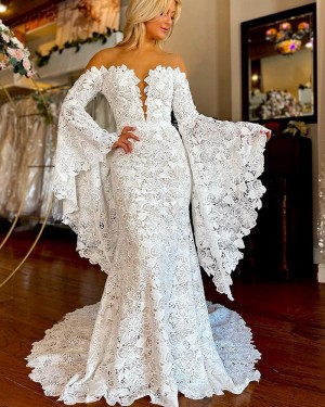 Lace Ivory Mermaid Off the Shoulder Wedding Dress with Bat Sleeves WD2568
